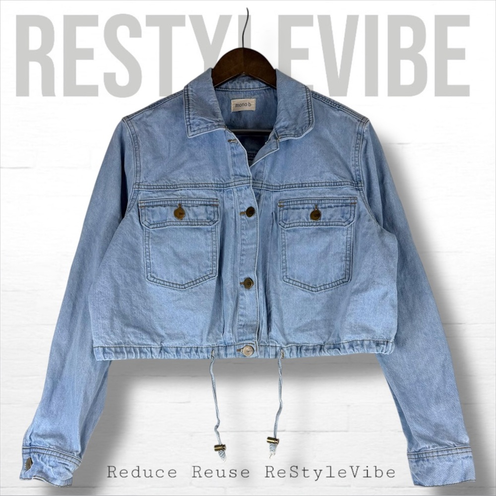 MONO B Women’s Size L Jacket Coat Denim Jean Cropped Drawstring Button Front